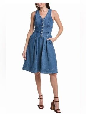 Avec Les Filles Blue Denim Button-Front Fit-and-Flare Dress